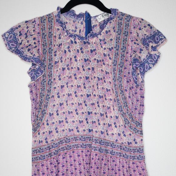 SEA New York Bianca Tunic Mini Dress Violet Floral Print Flutter Sleeve SZ 4 US - Picture 6 of 7